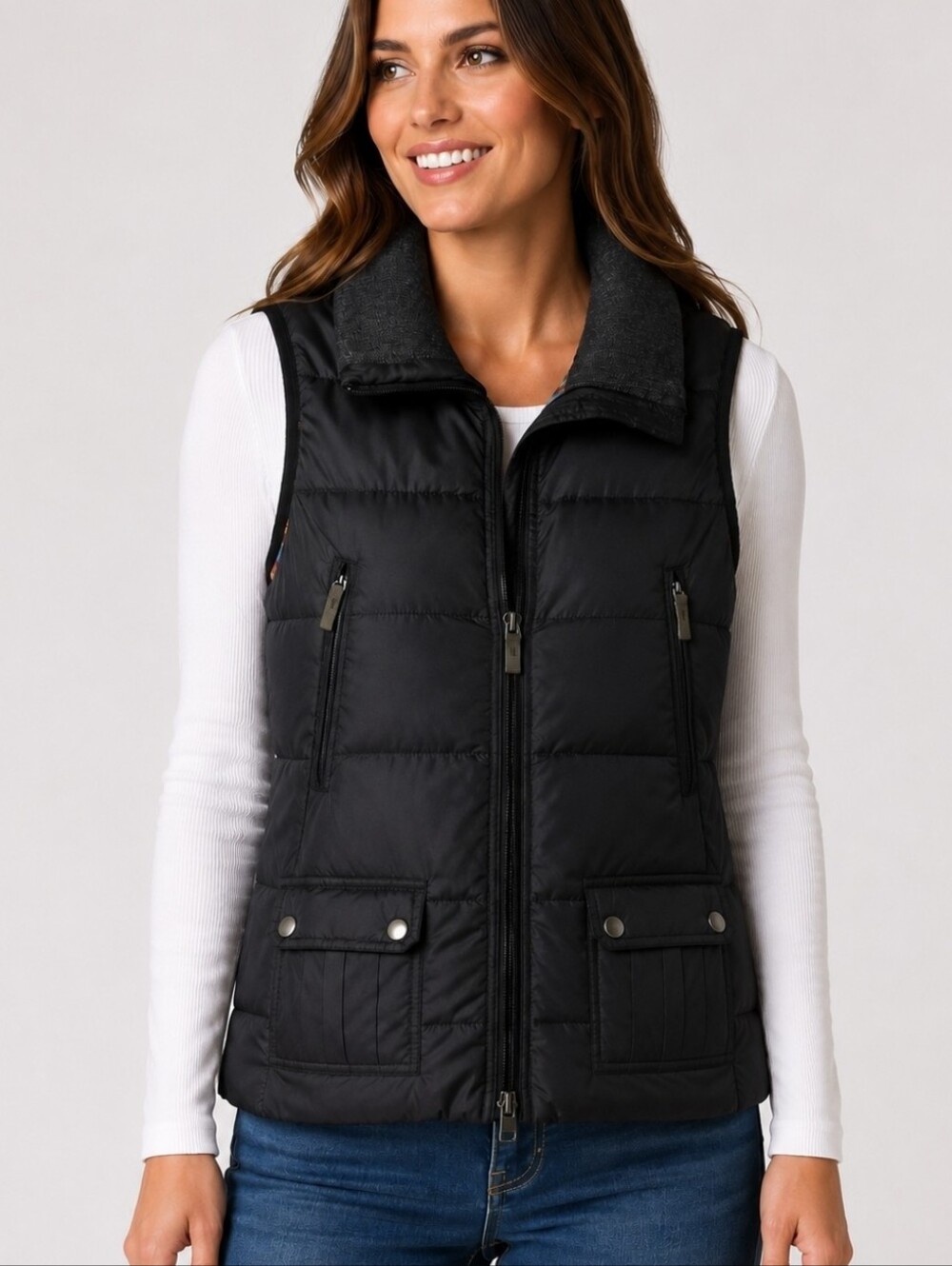 Metro Women's Black Duck Down Puffer Vest Plaid Lined Zip Front Medium